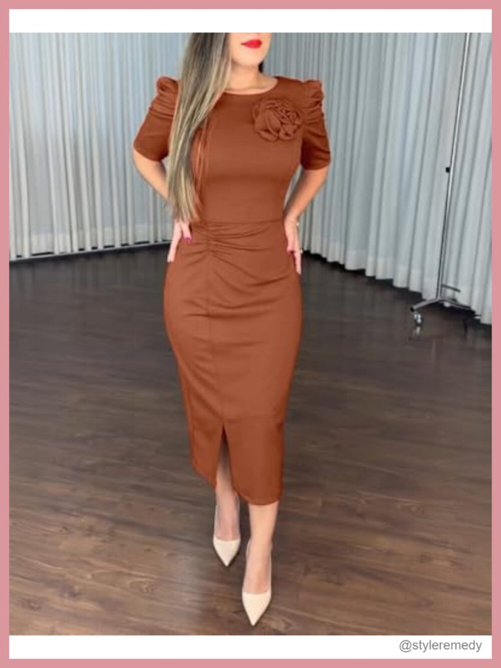 Chicme Bodycon Midi Dress With Puff Sleeves Cocktail Pencil Dress For Women View 3
